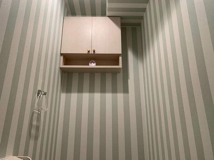 トイレの内装工事を行いました。素敵な模様のクロスです。【湖東湖北店】 世良・吉岡