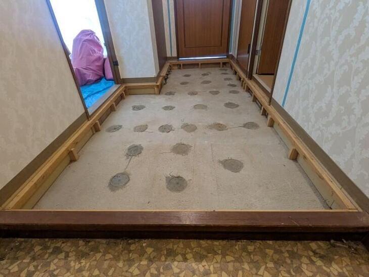 既存の床を下地からすべて解体！普段は見えないマンションの床の構造があらわに。ここから大工さんの手で、新たな下地づくりがスタートします！【野洲店スタッフ】
