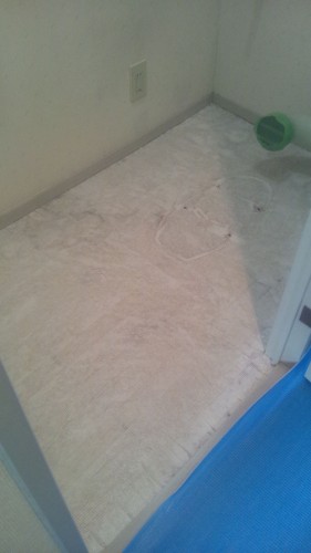 4,柄の入ったクッションフロアを剥がし、床にボンドを塗ります