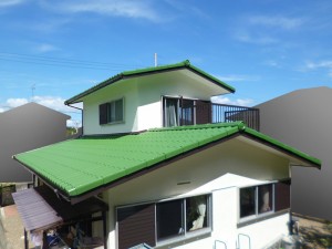 施工後＿外観全景、緑と白のｺﾝﾄﾗｽﾄ