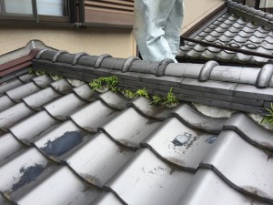 施工前 1階の屋根の棟瓦です。草が生えるくらい水を吸い込んでいました