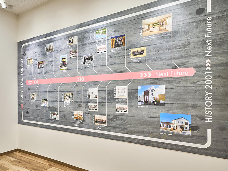 さくらペイント様　外装屋　さくらペイント様の会社の成り立ちが一目でわかるように、グラフィックデザインも内装にあわせました｜滋賀や大阪で店舗リフォームなら匠工房