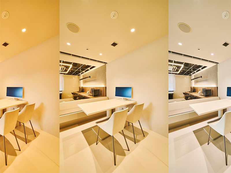 大阪府大阪市 テナント工房 大阪オフィス様　オフィスの照明は6パターンに変更可能。色温度による空間の違いを体験できるショールームの役割も果たします。※左から2700K／3000K／3500｜滋賀や大阪で店舗リフォームなら匠工房